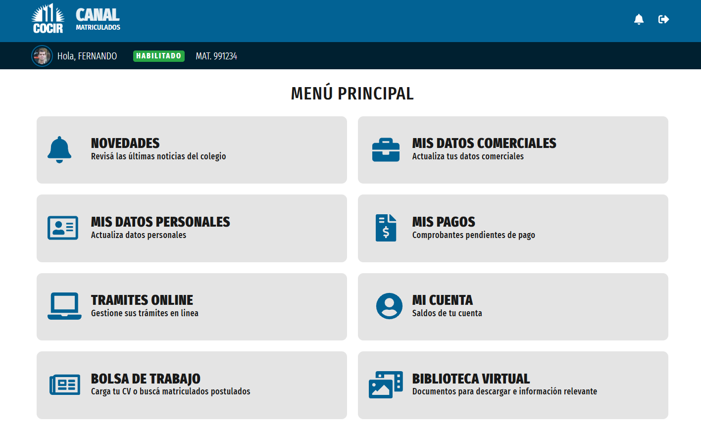 Menú del Canal de Matriculados, con trámites, pagos y biblioteca virtual