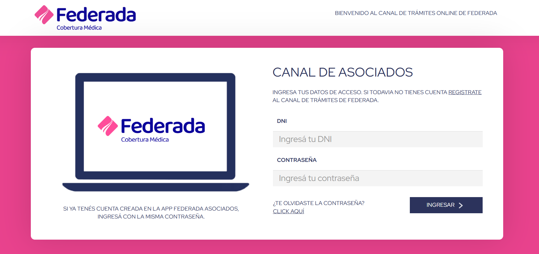 Pantalla de ingreso al Canal de Asociados de Federada Salud